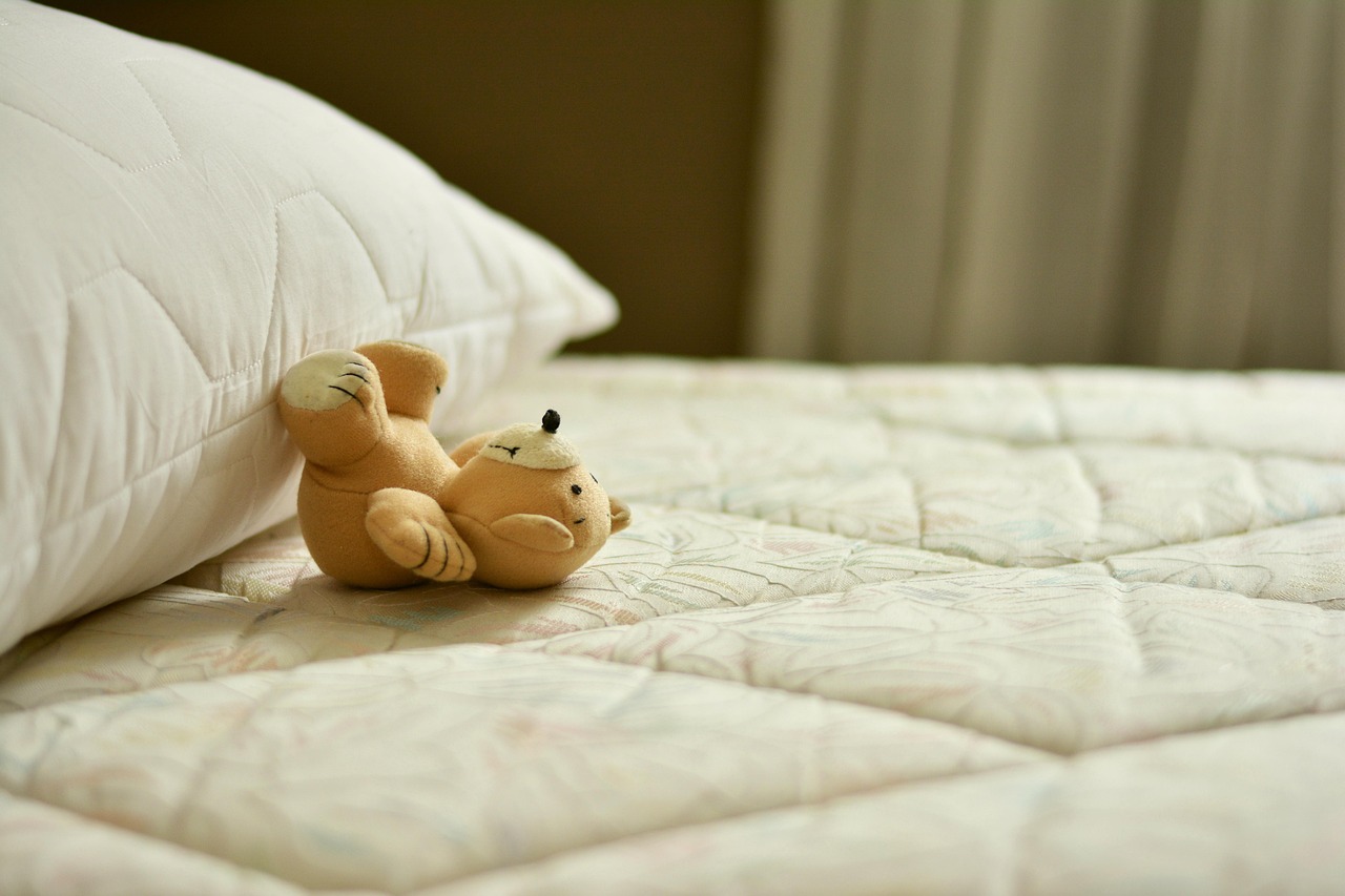 Colchón acolchado sin sábanas junto a una almohada, listo para limpiarlo y guardarlo en un trastero